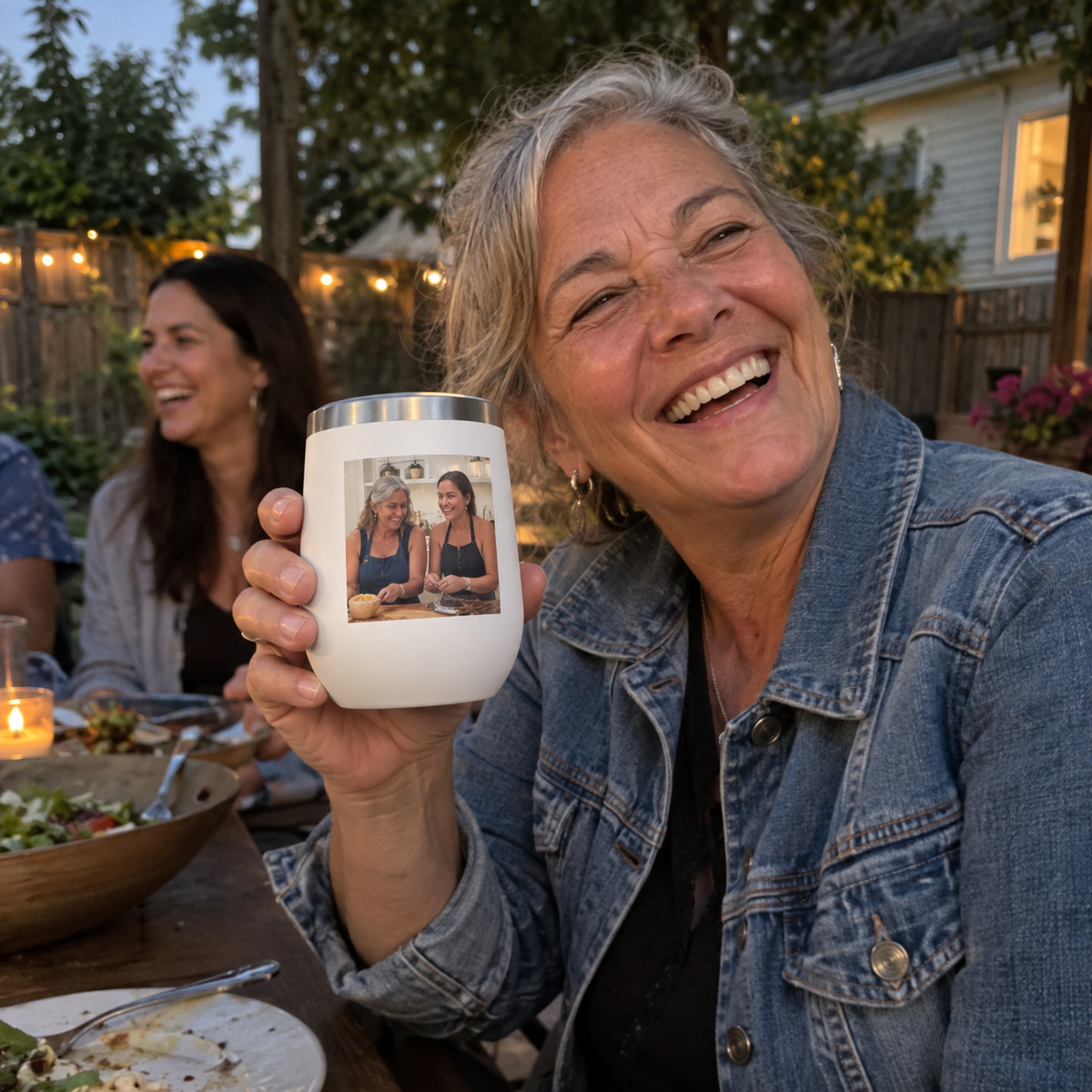A wine tumbler printed with a mother-daughter cooking photograph.