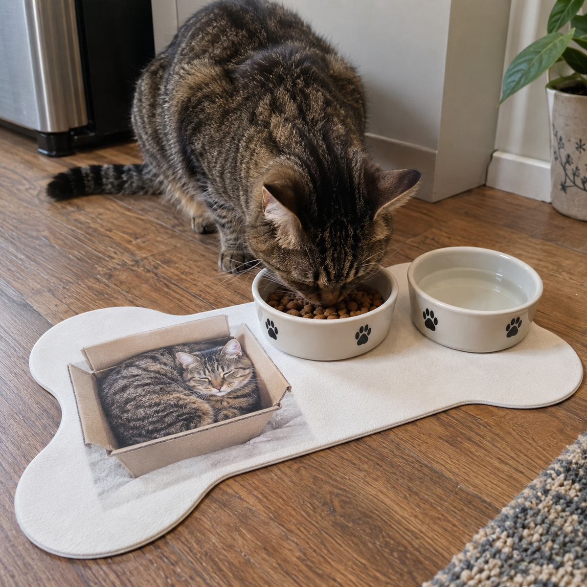 Bone-shaped feeding mat printed with a tabby cat in a box.