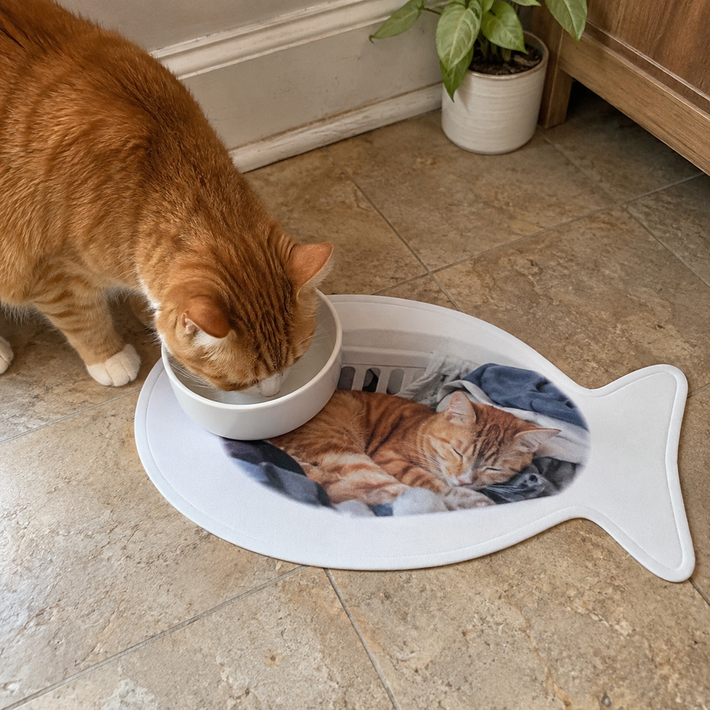Cat feeding mat with a ginger cat photo within its fish-shaped print.