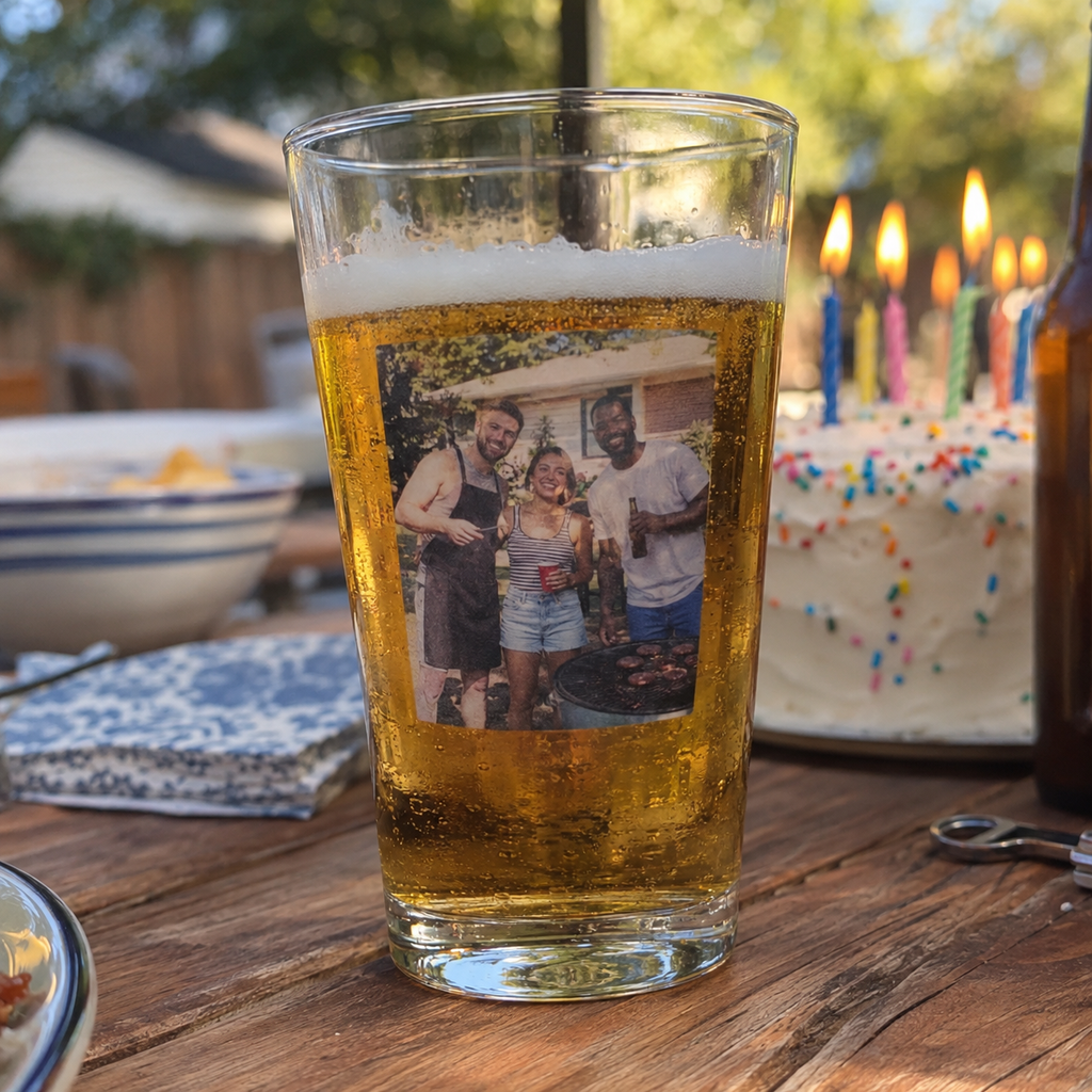 Personalized pint glass with a summer barbecue photograph.