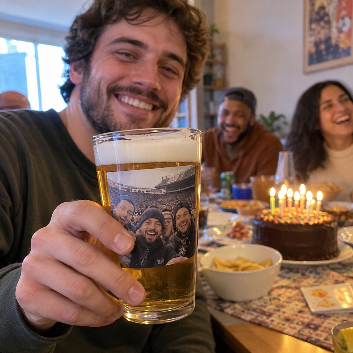 A pint glass printed with a photograph of friends at a game.