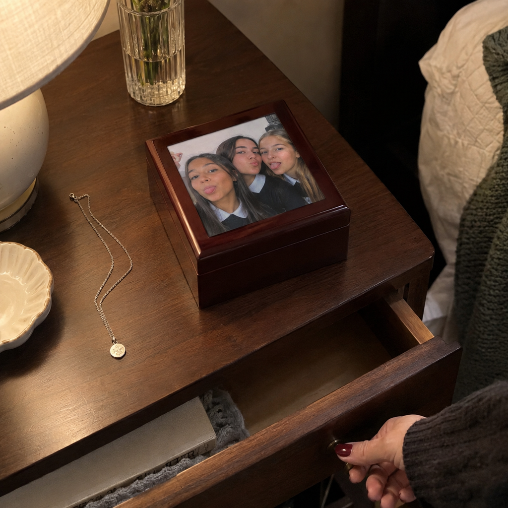 Closed wooden jewelry box with a favorite photo on its outer lid.