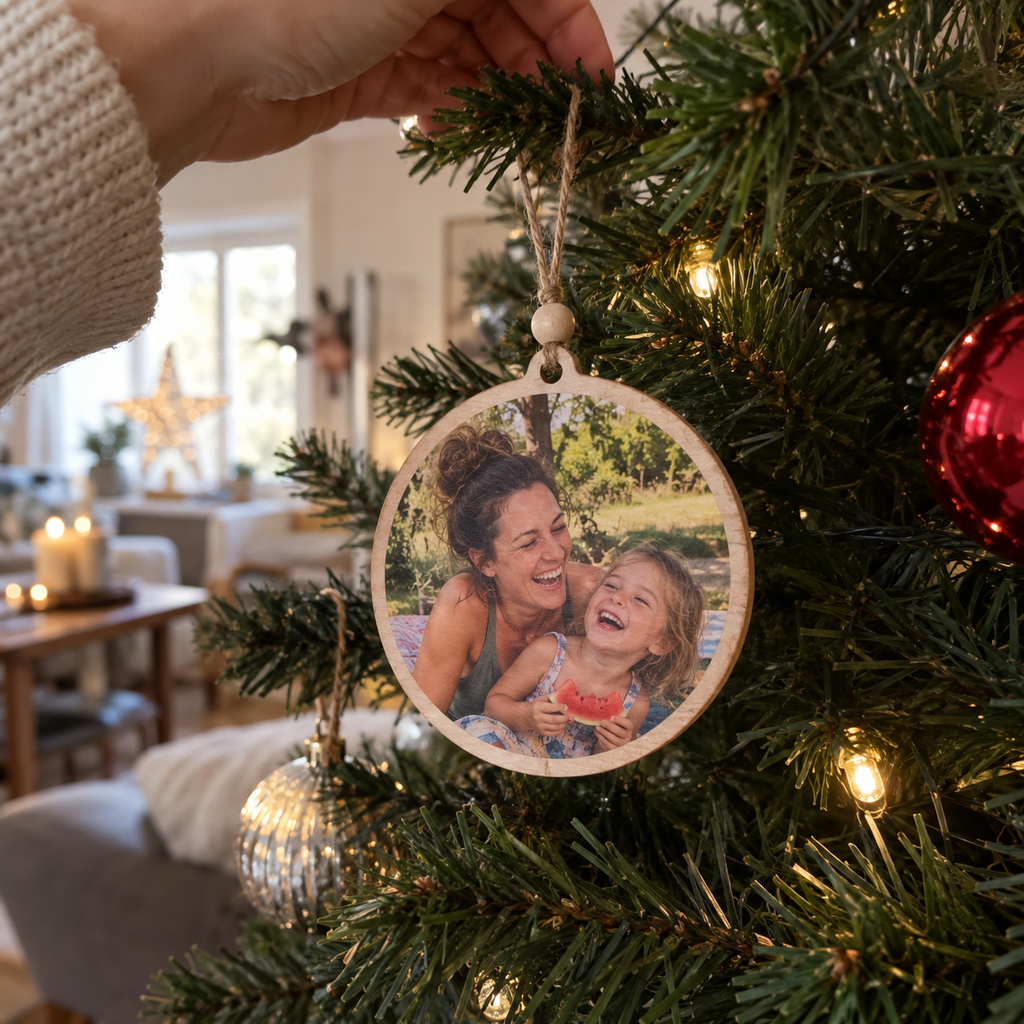 Wooden Christmas ornament carrying a family summer picnic photograph.
