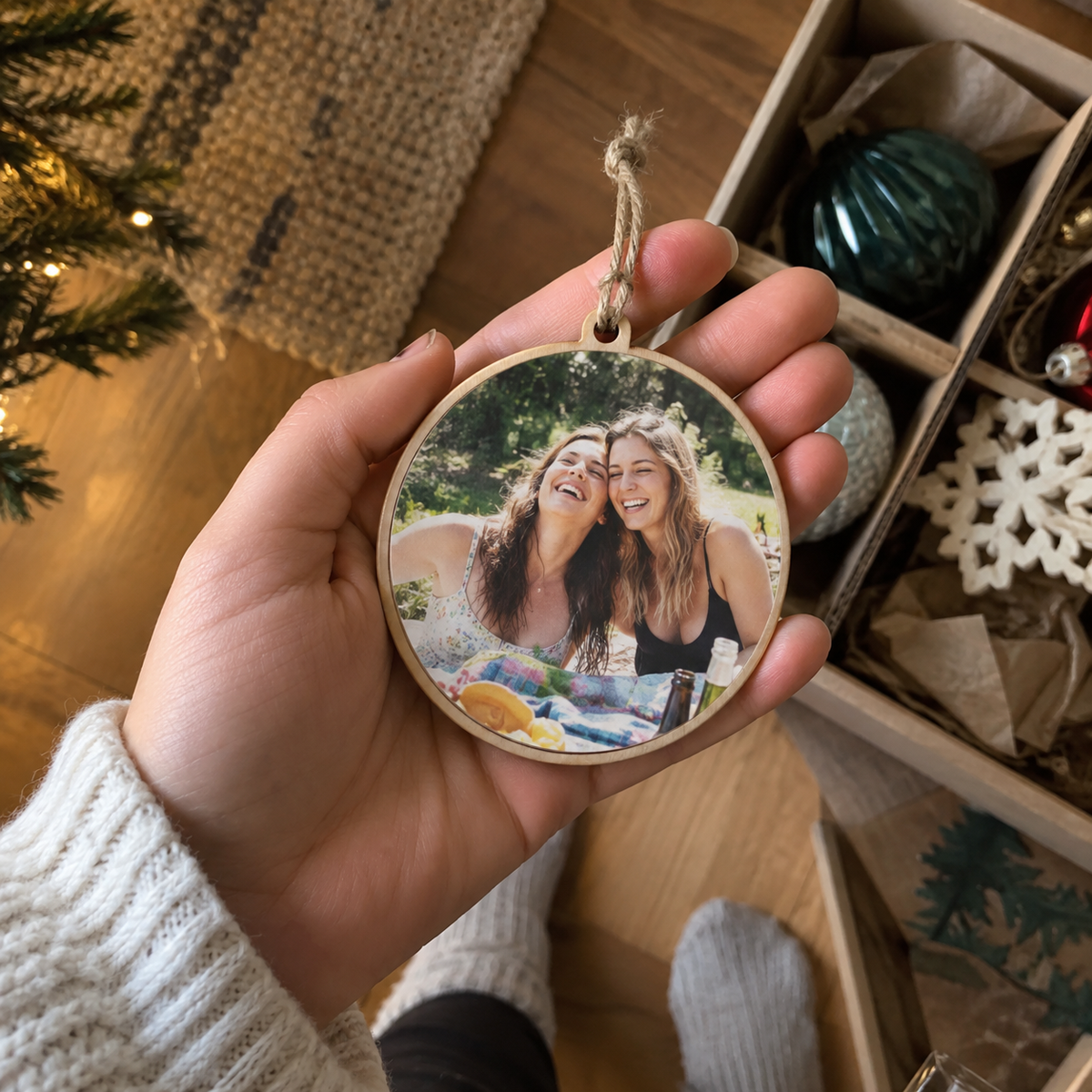 Wooden Christmas ornament held in a hand with a photo of two sisters.