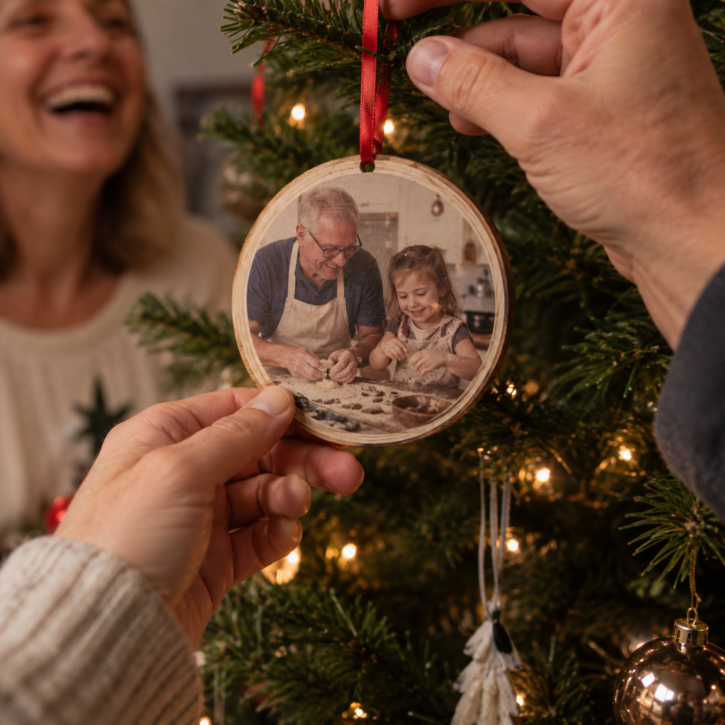 Wooden ornament printed with a grandfather and granddaughter baking.