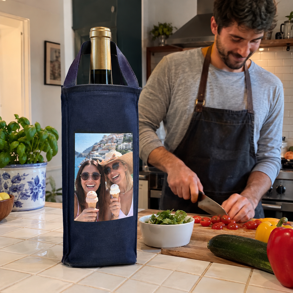 Navy wine tote with a holiday ice cream photograph of two women.