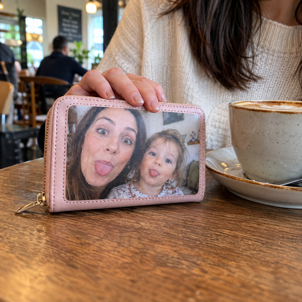 Pink zipper wallet with a playful mother and daughter photo.
