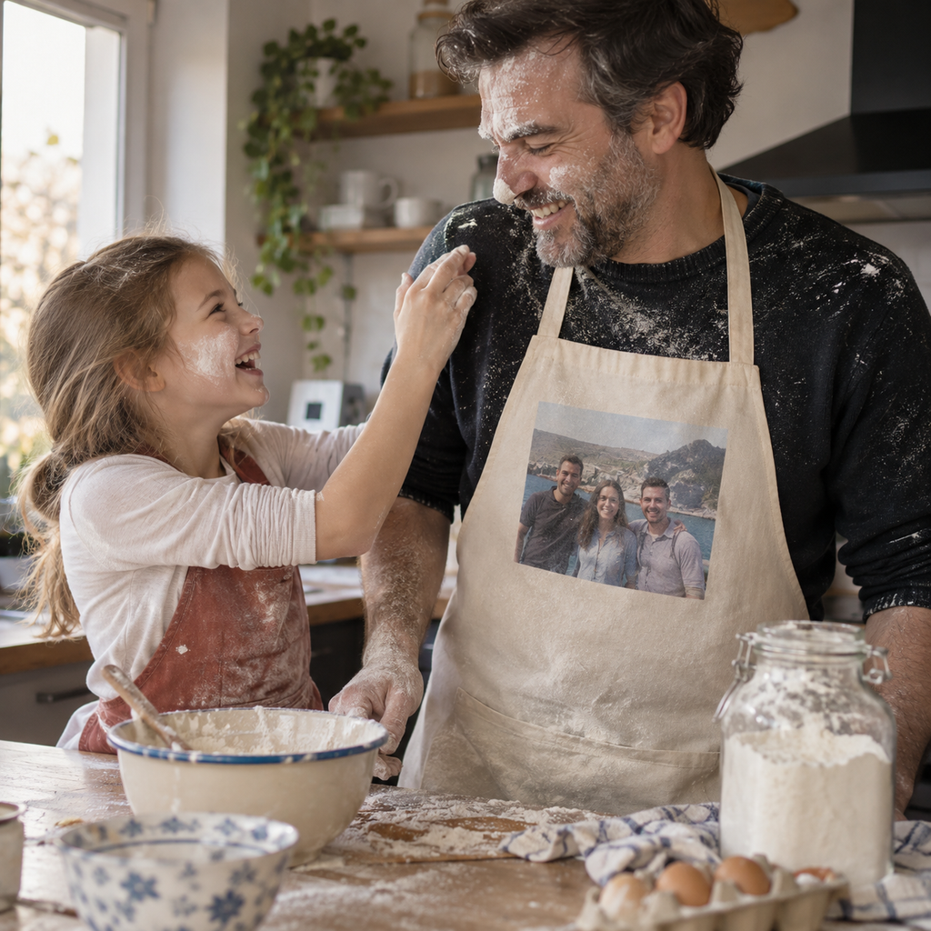 Cotton apron with a separate family holiday photo in the kitchen.