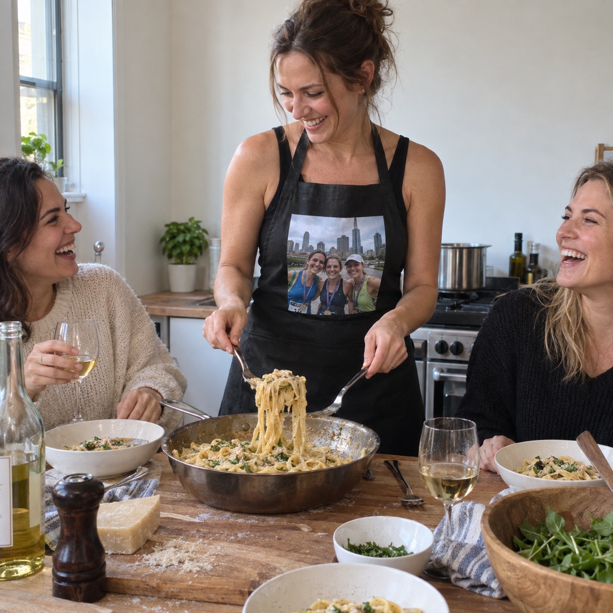 Black cotton apron with a marathon finish photo at a pasta dinner.