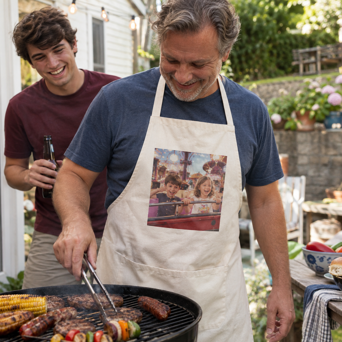 Cotton apron with childhood carnival photo at an outdoor barbecue.