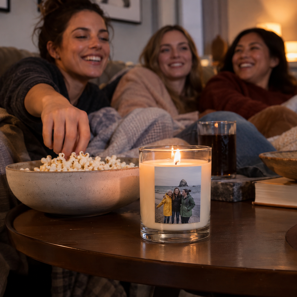Clear glass candle with a rainy seaside friends photograph.