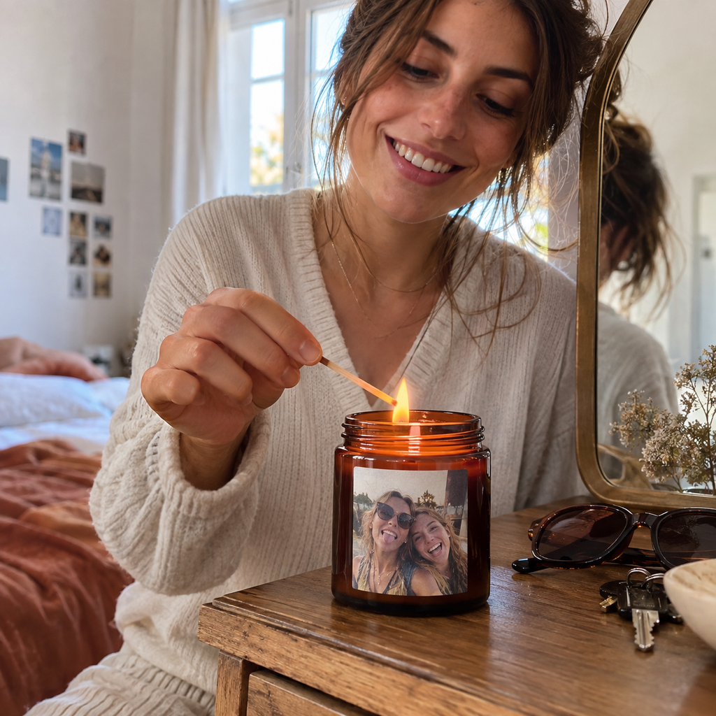 Amber soy candle with a playful photo of two friends.