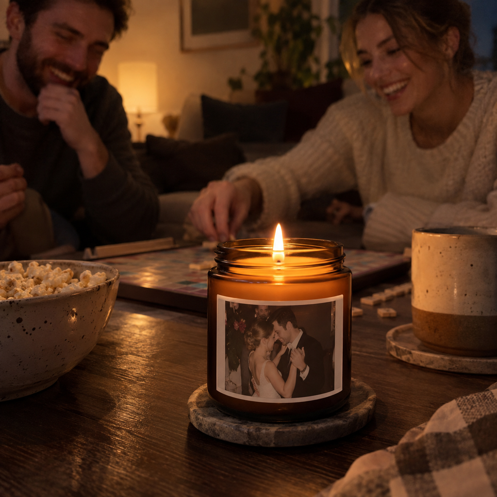 Amber soy candle with a couple’s wedding dance photo.