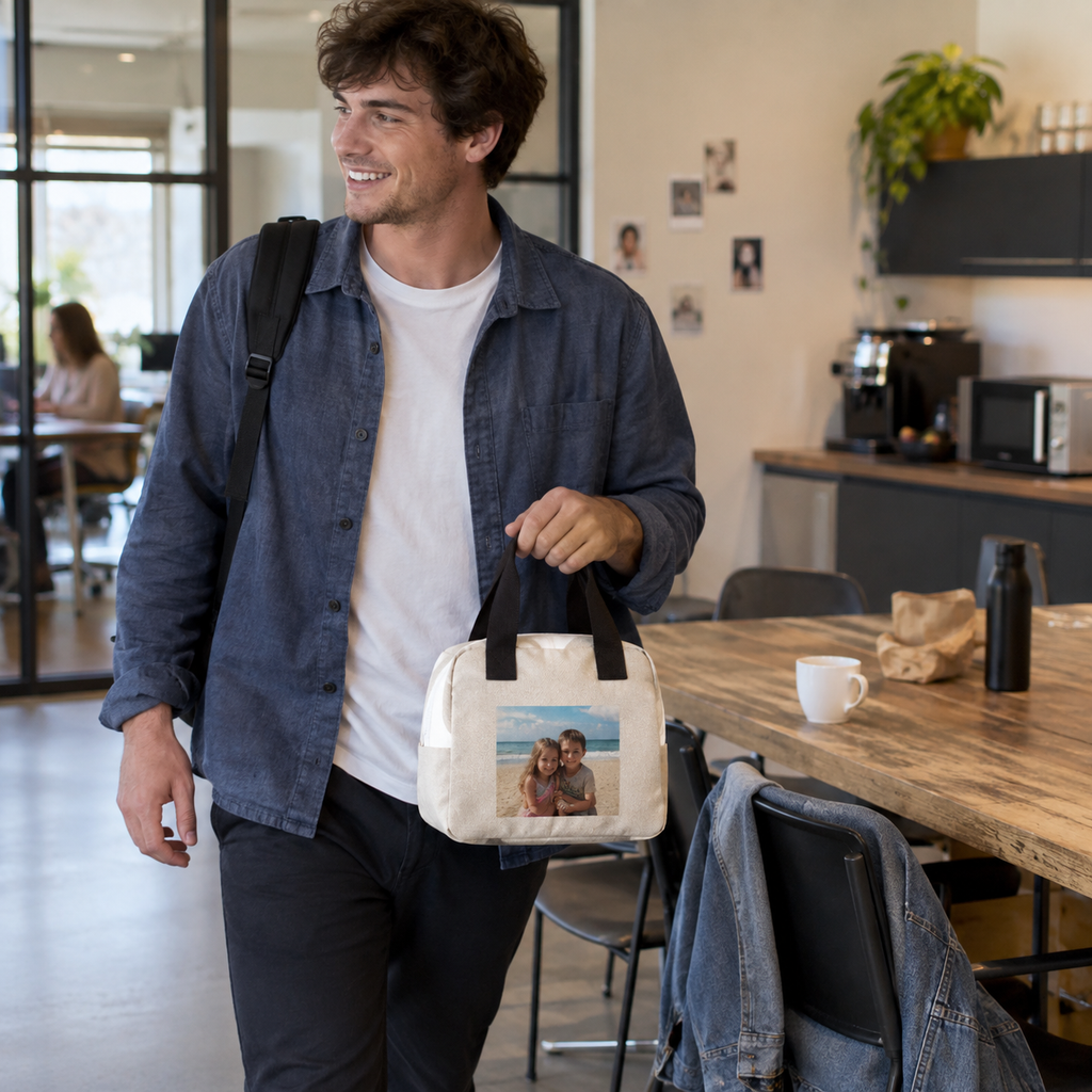 Reusable lunch bag with a childhood beach photograph on its front.