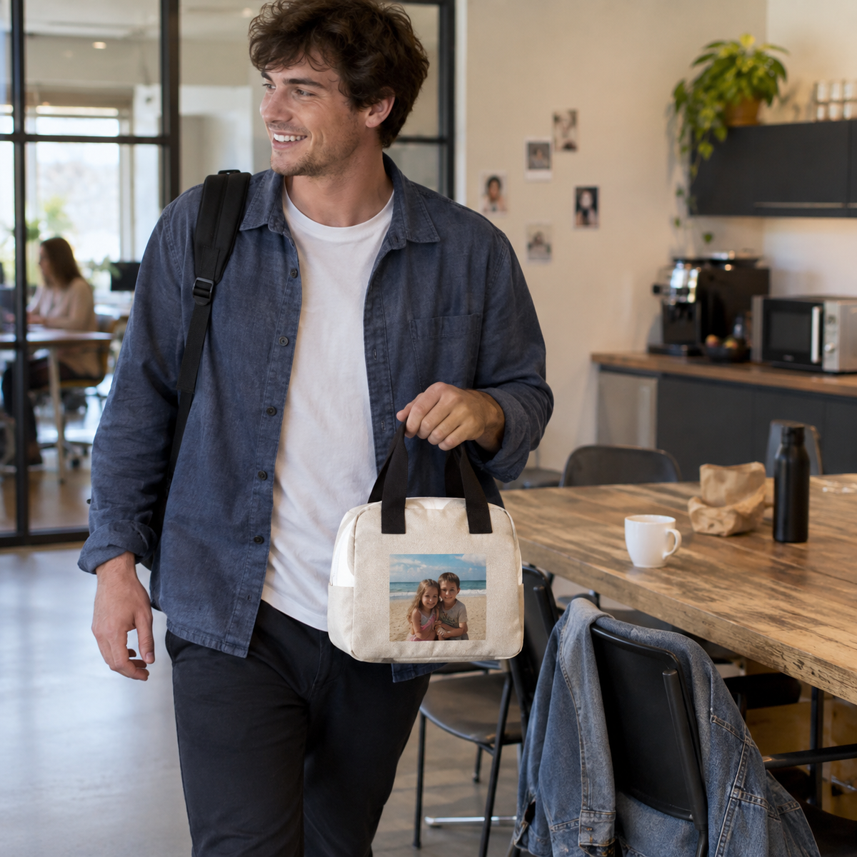 Reusable lunch bag with a childhood beach photograph on its front.
