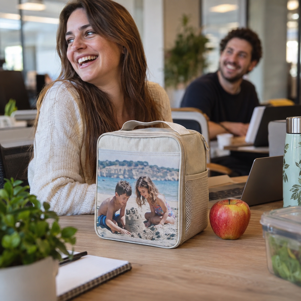 Insulated lunch bag with a childhood beach memory photo.