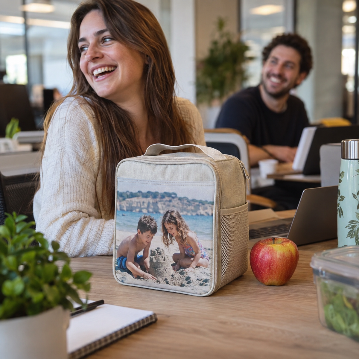 Insulated lunch bag with a childhood beach memory photo.