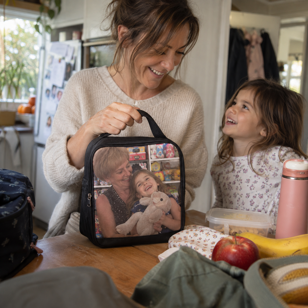 Insulated lunch bag with grandmother and child in a toy shop.