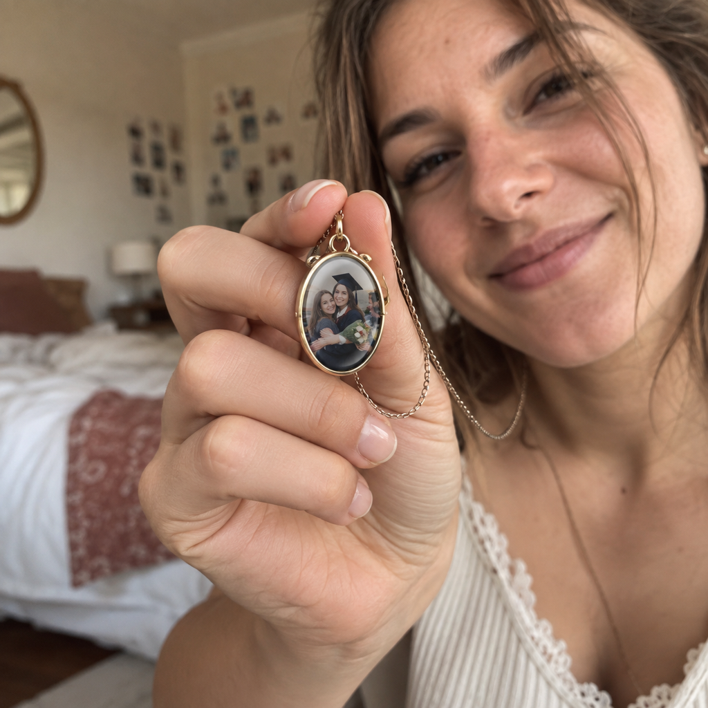 Oval necklace pendant with a graduation hug photograph.