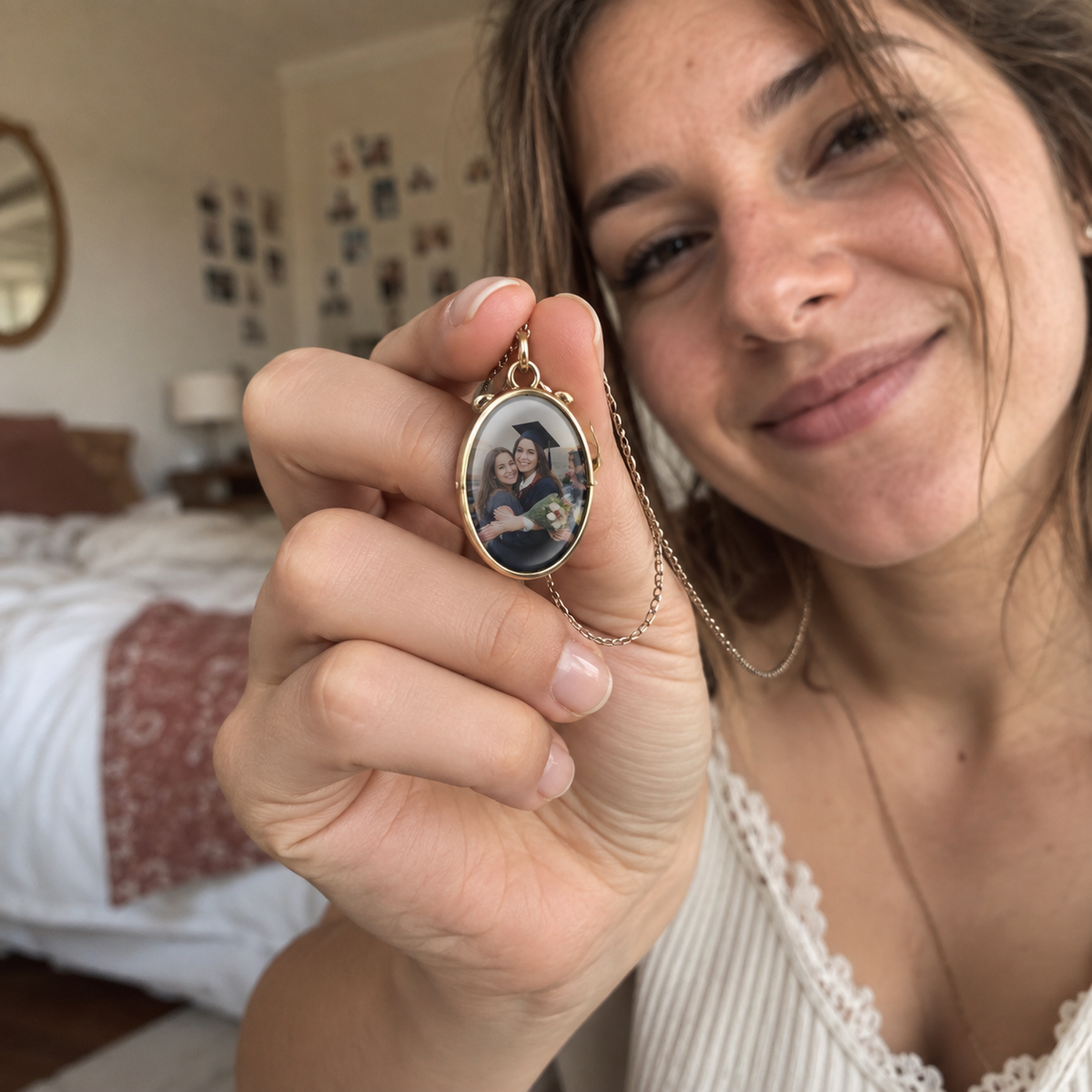 Oval necklace pendant with a graduation hug photograph.