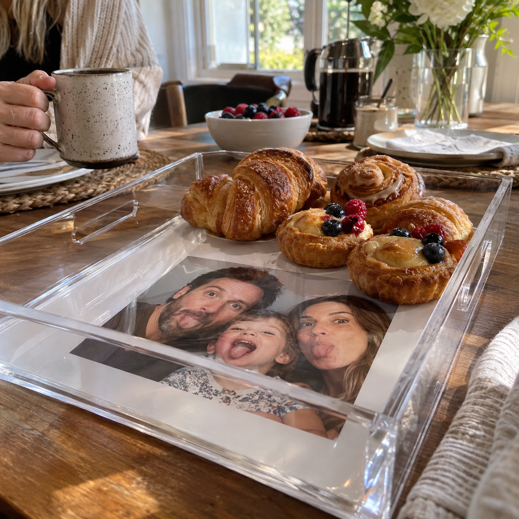 Acrylic serving tray with a family photo printed into its base.