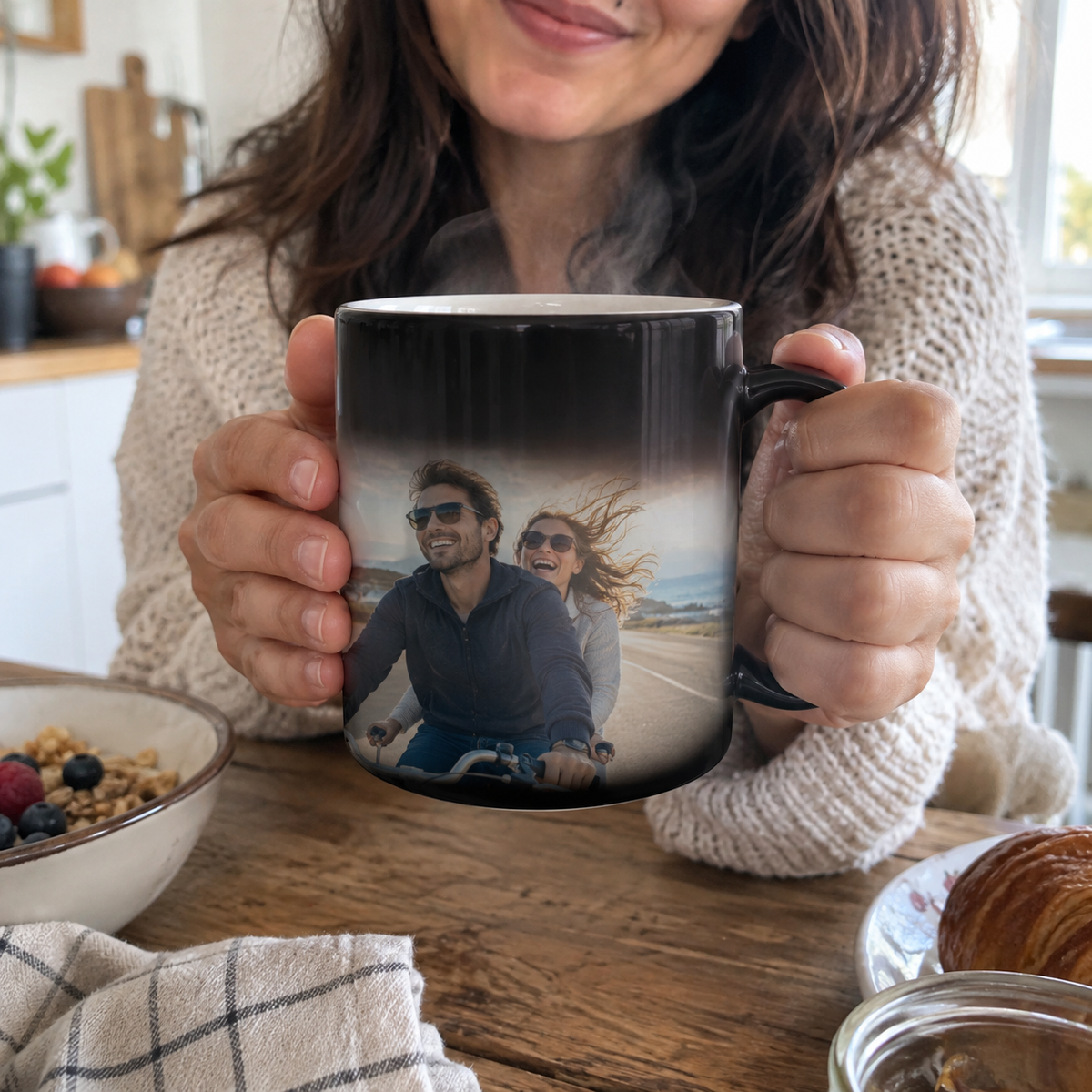 Black heat reveal mug with a couple’s cycling photo appearing on its front.
