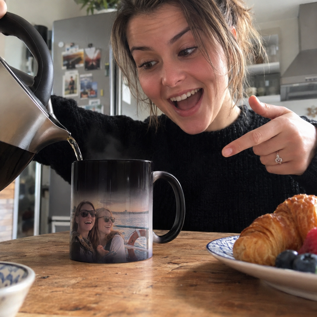 Heat changing mug revealing a photo of friends on a ferry.