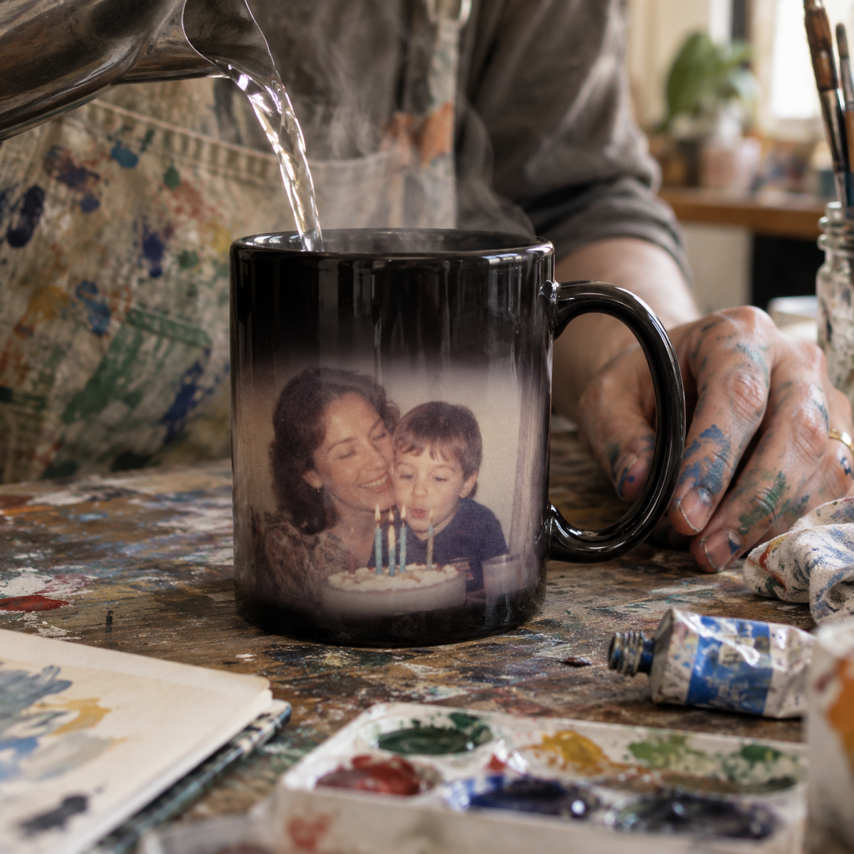 Dark magic mug revealing a personal birthday photo as hot water is poured.