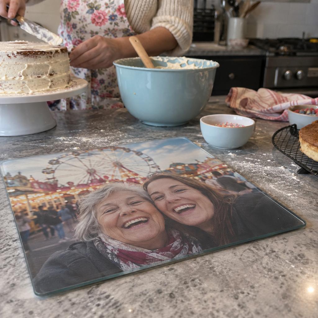 Glass cutting board printed with grandmother and daughter at a carnival.