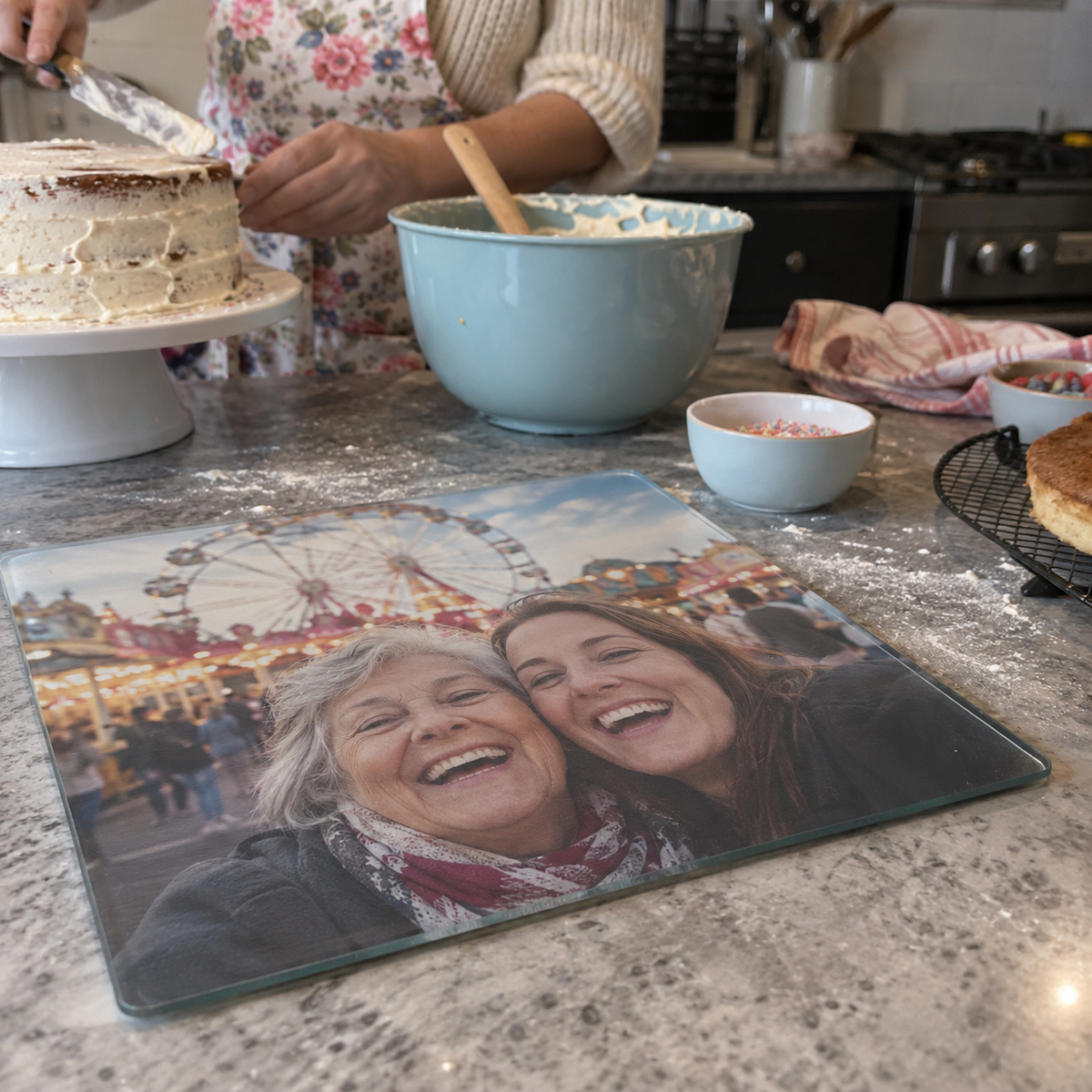 Glass cutting board printed with grandmother and daughter at a carnival.