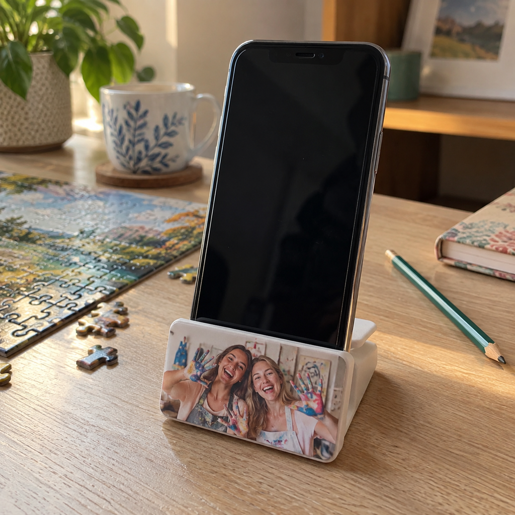 Desktop phone stand with a photo of friends at an art workshop.