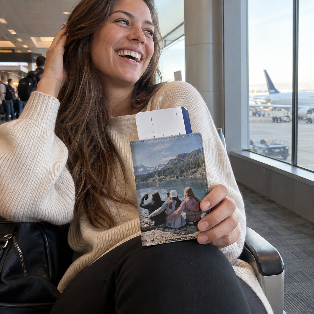Passport wallet with a mountain-lake travel photograph.