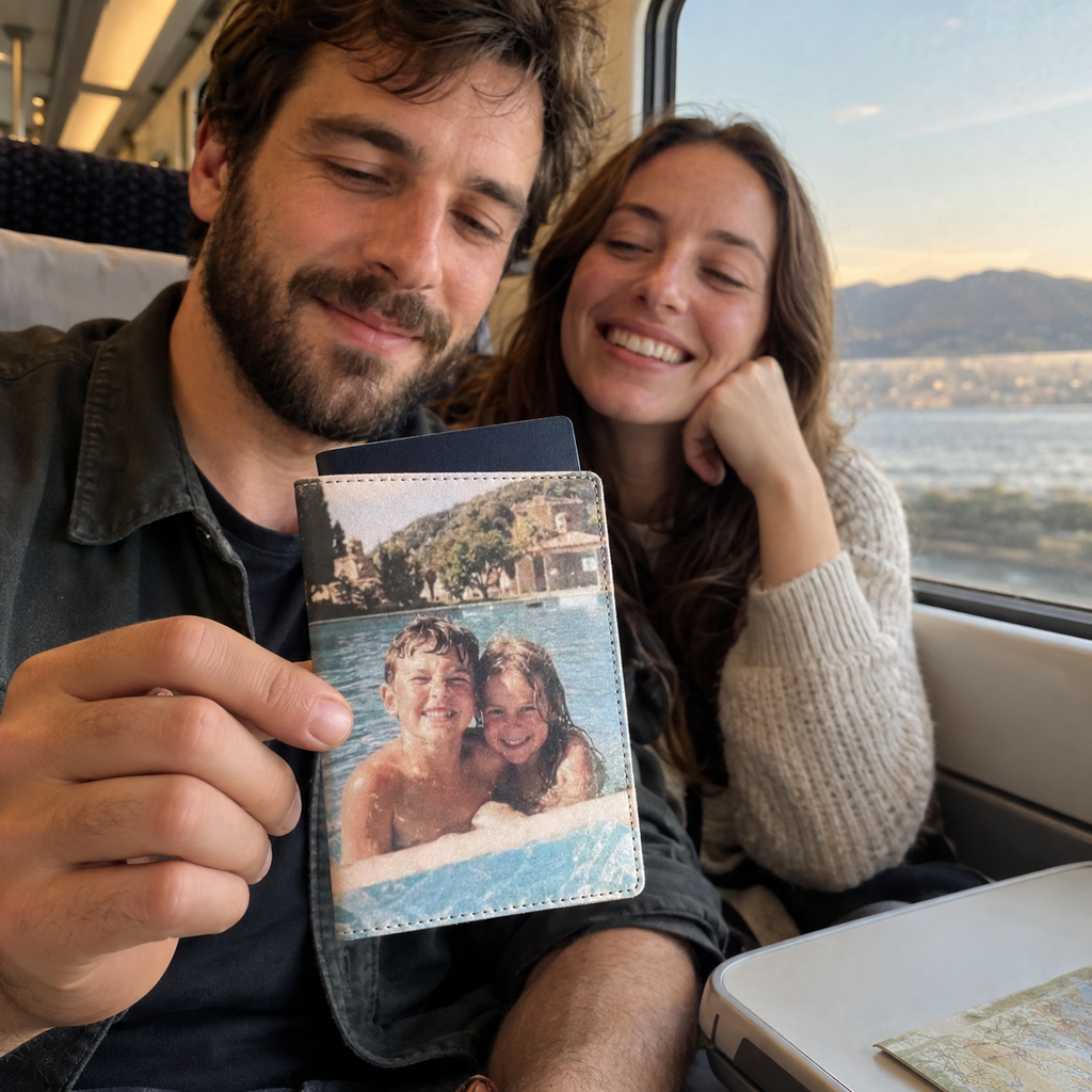 Passport wallet with a personal swimming pool memory.