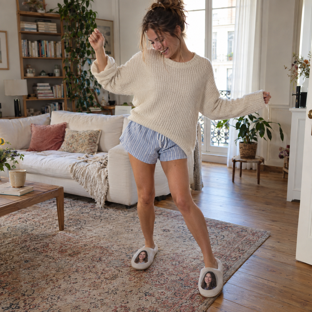 Soft slippers personalized with small photo portraits on their uppers.
