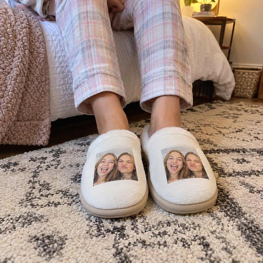 Plush slippers with friendship photo prints on their uppers.