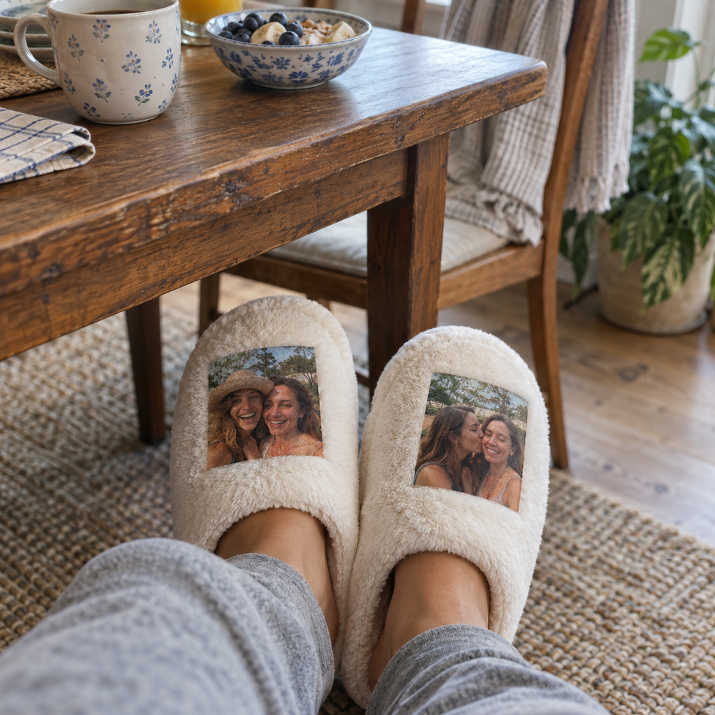 Cozy slippers with small photo prints of friends on their uppers.