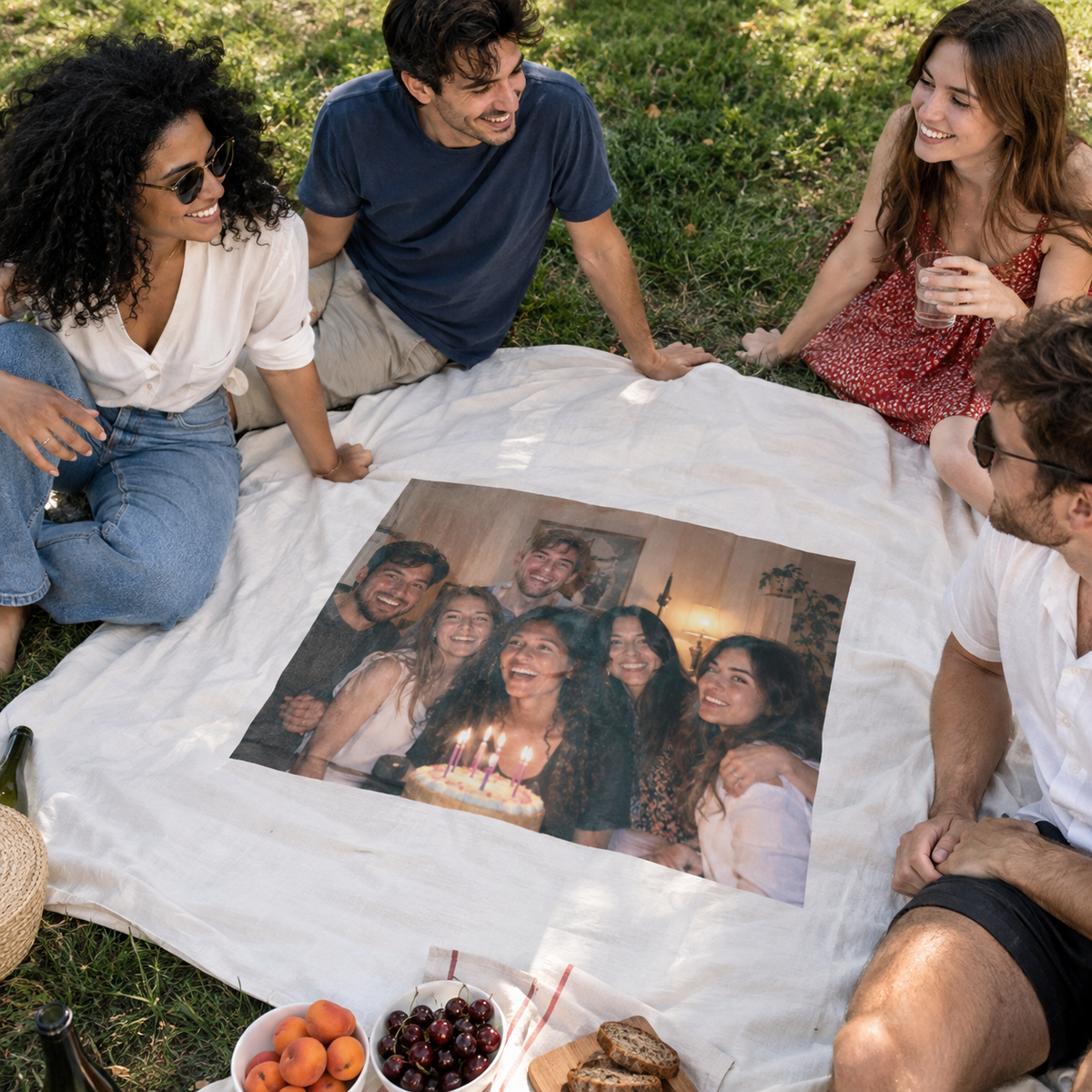 Picnic blanket with a bounded photo of friends at a birthday.