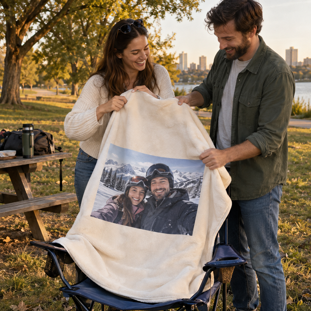Picnic blanket showing a separate snowy holiday photograph.