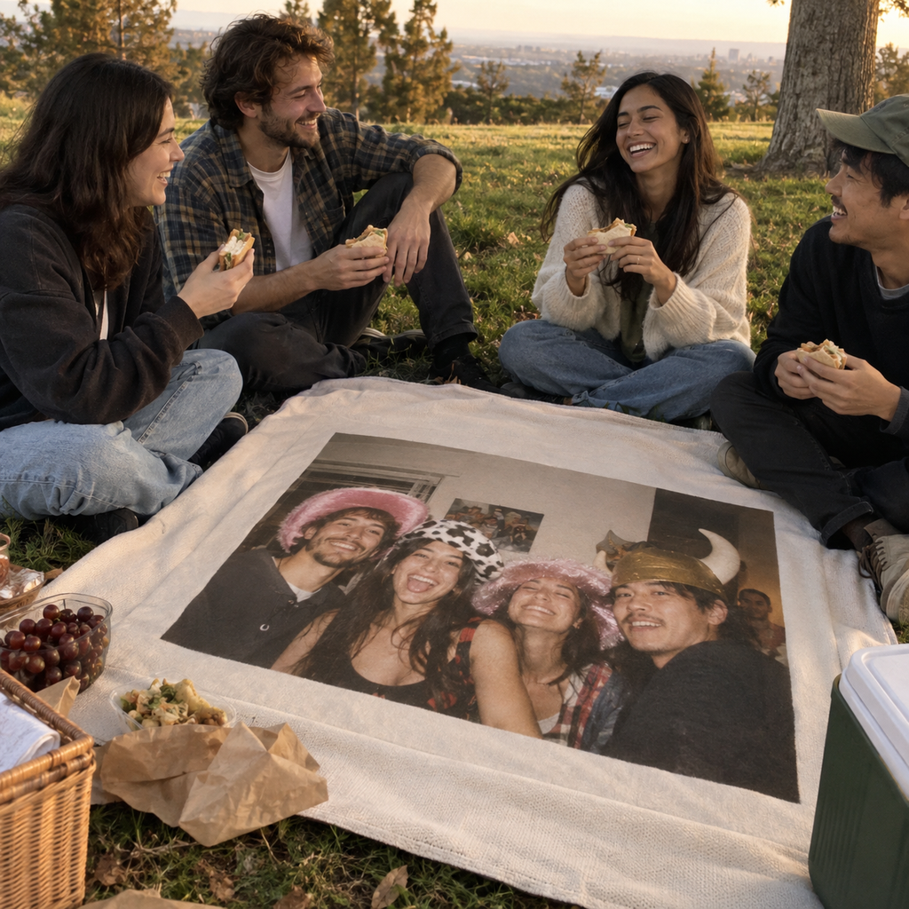 Picnic blanket printed with a funny old house party snapshot.