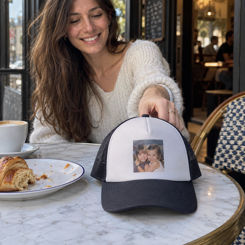 Trucker cap with a childhood photo centered on its front panel.