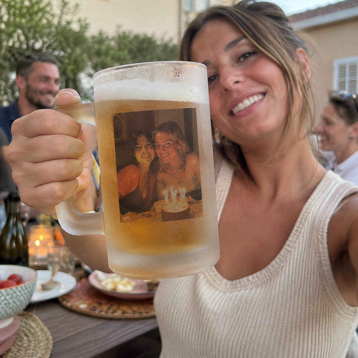 Frosted beer mug personalized with an older birthday snapshot.