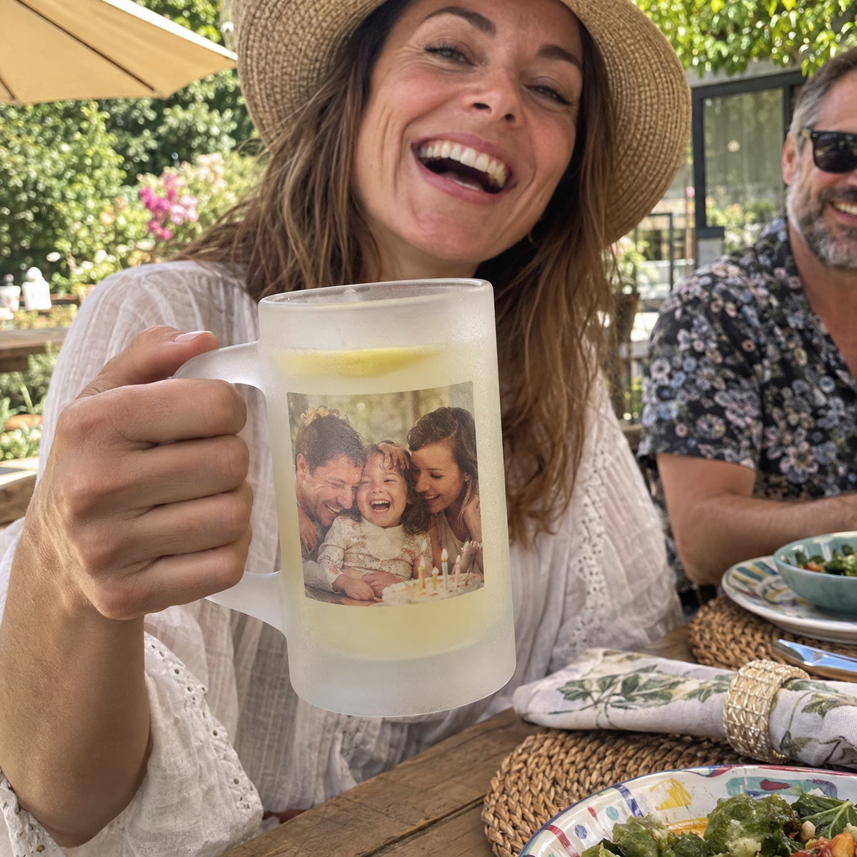 Frosted pint mug personalized with a family birthday photo.