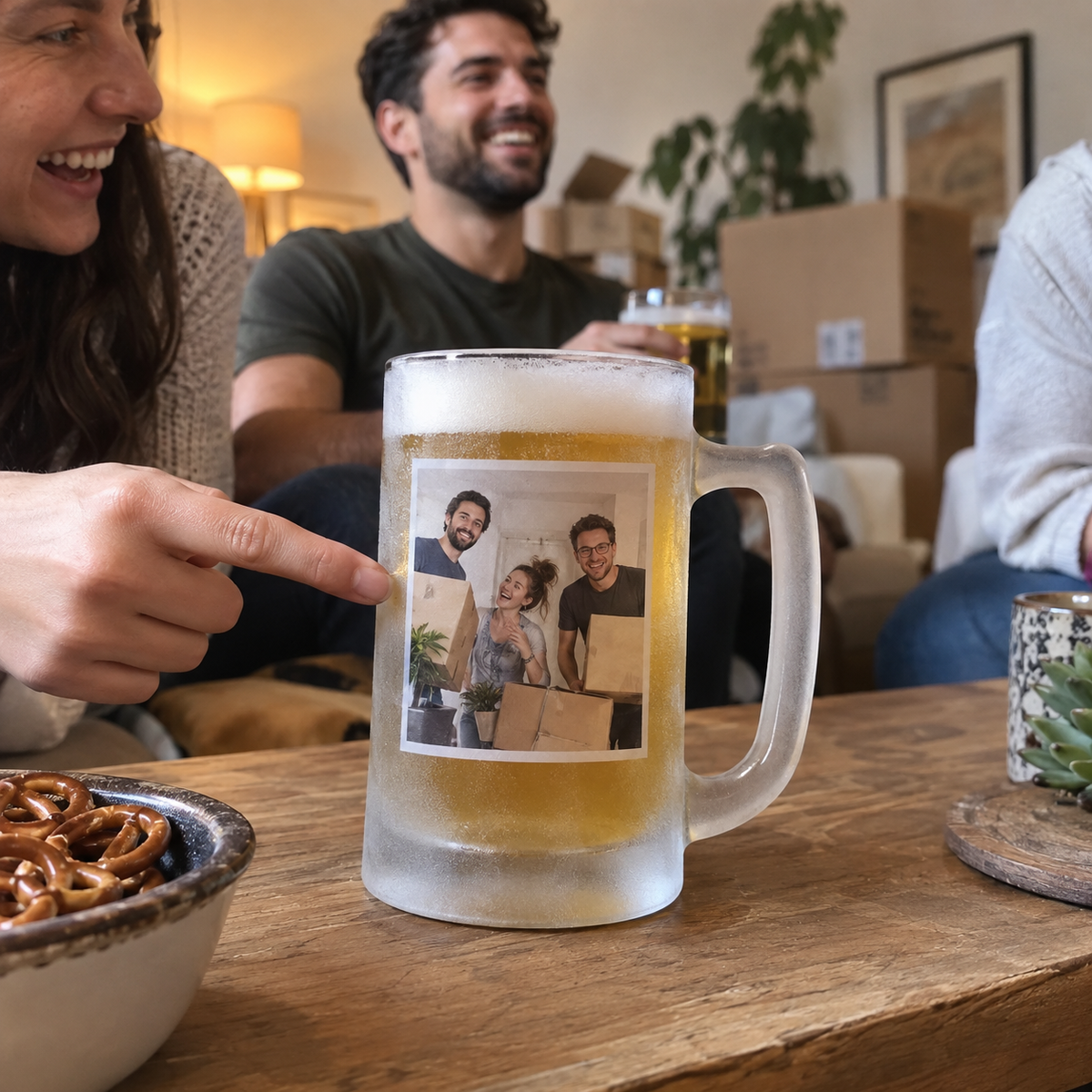 Frosted beer mug with a past housewarming photograph.