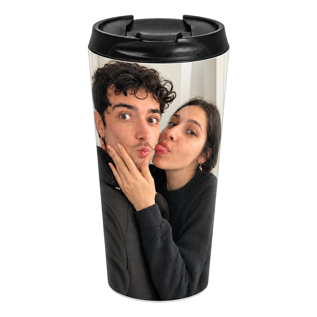 Personalized stainless steel travel mug printed with a playful couple photo.