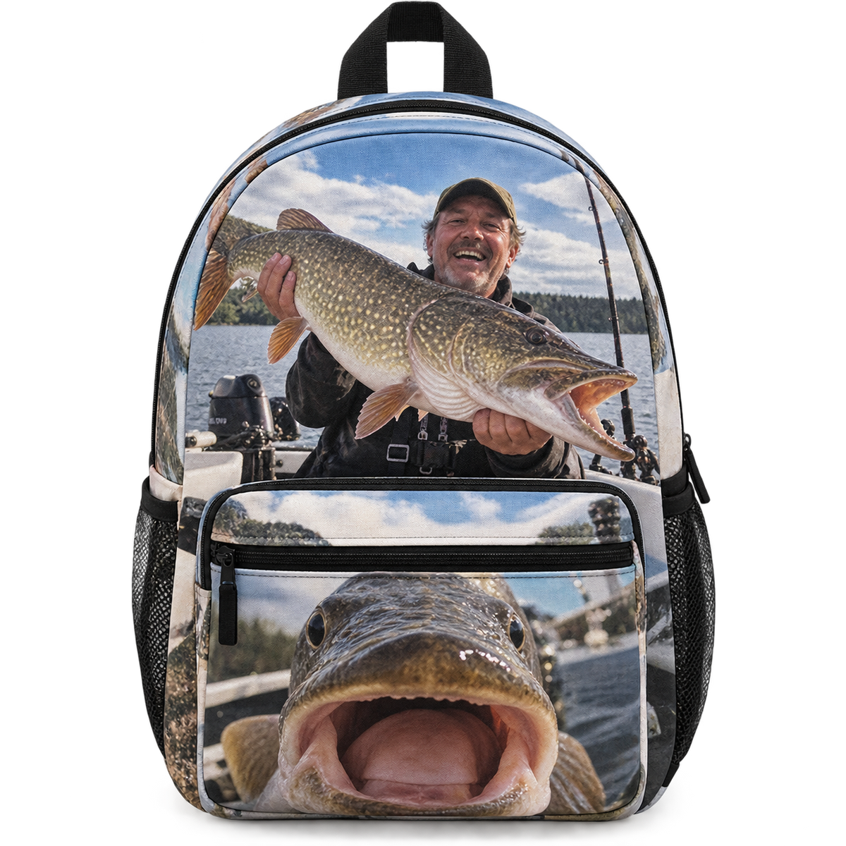 Personalized backpack printed with a fisherman holding a large fish.
