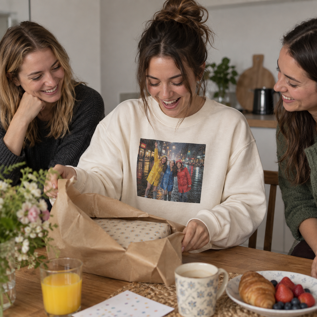 Cream personalized crewneck sweatshirt with an old rainy city trip photo of three friends, worn at a home breakfast.