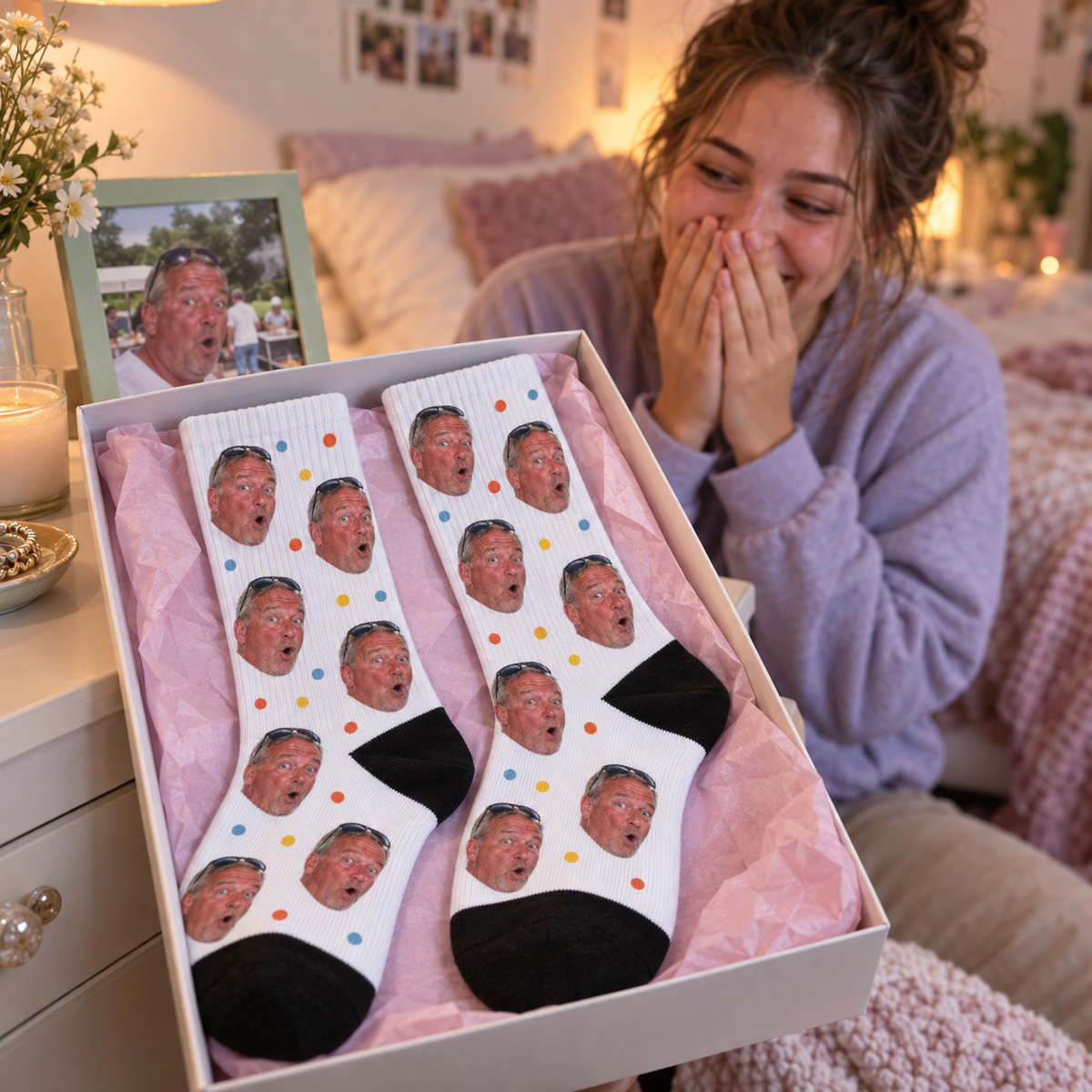 Personalized white crew socks printed with funny family face photos and confetti in a gift box.