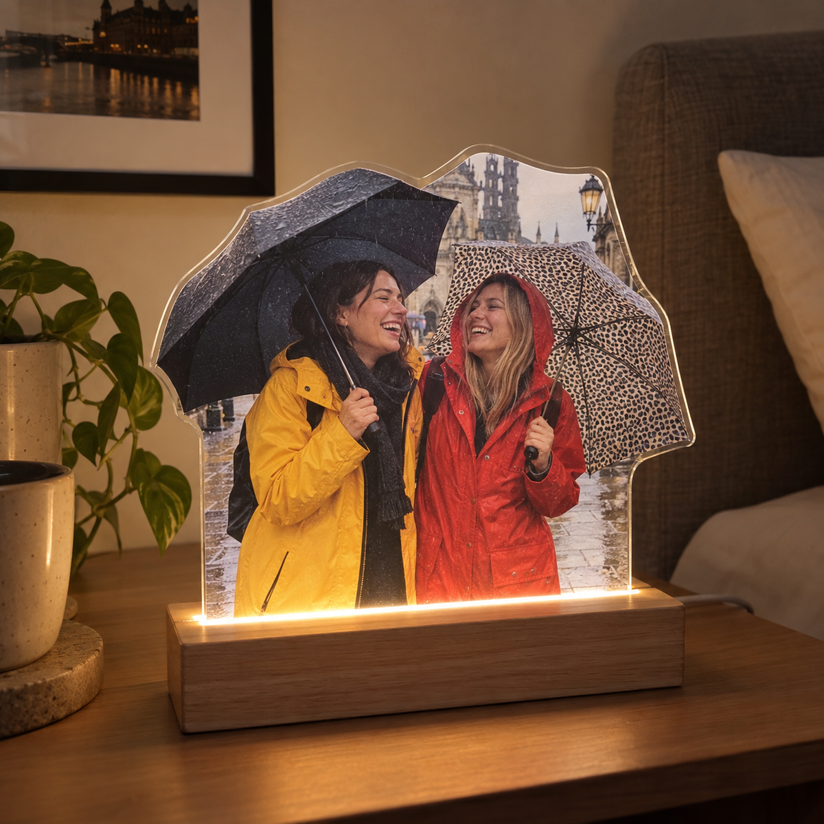 Custom-shaped acrylic night light printed with a rainy city snapshot of two friends on a bedside table.