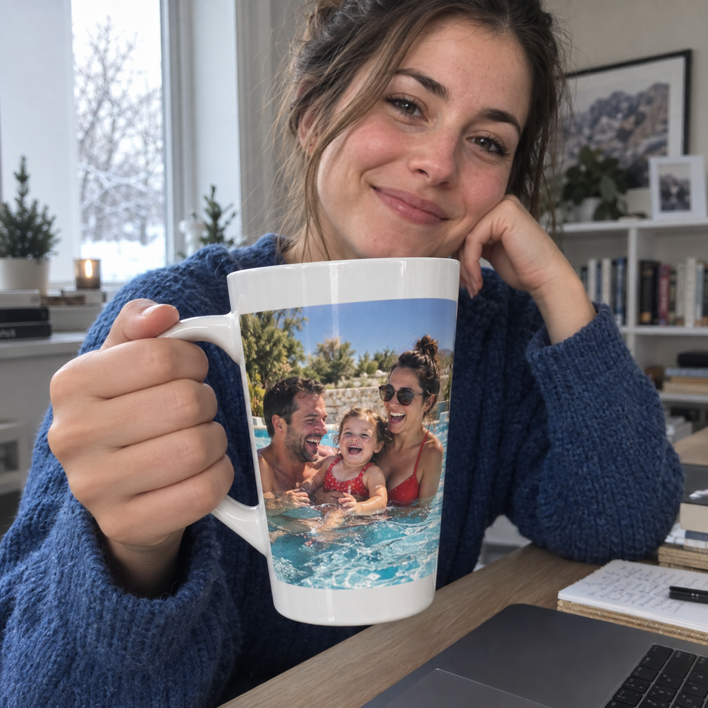Personalized tall latte mug printed with an old family pool holiday photo in a winter home office.