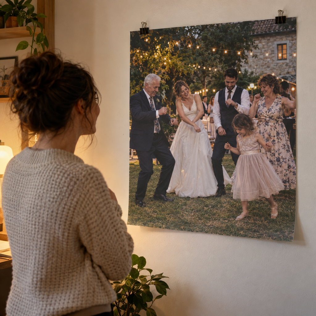 Matte personalized photo poster showing a family dancing at a garden wedding.